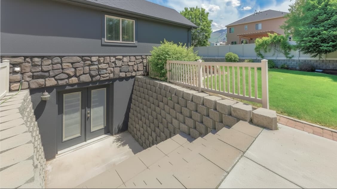 Basement stairwell entrance with block retaining walls